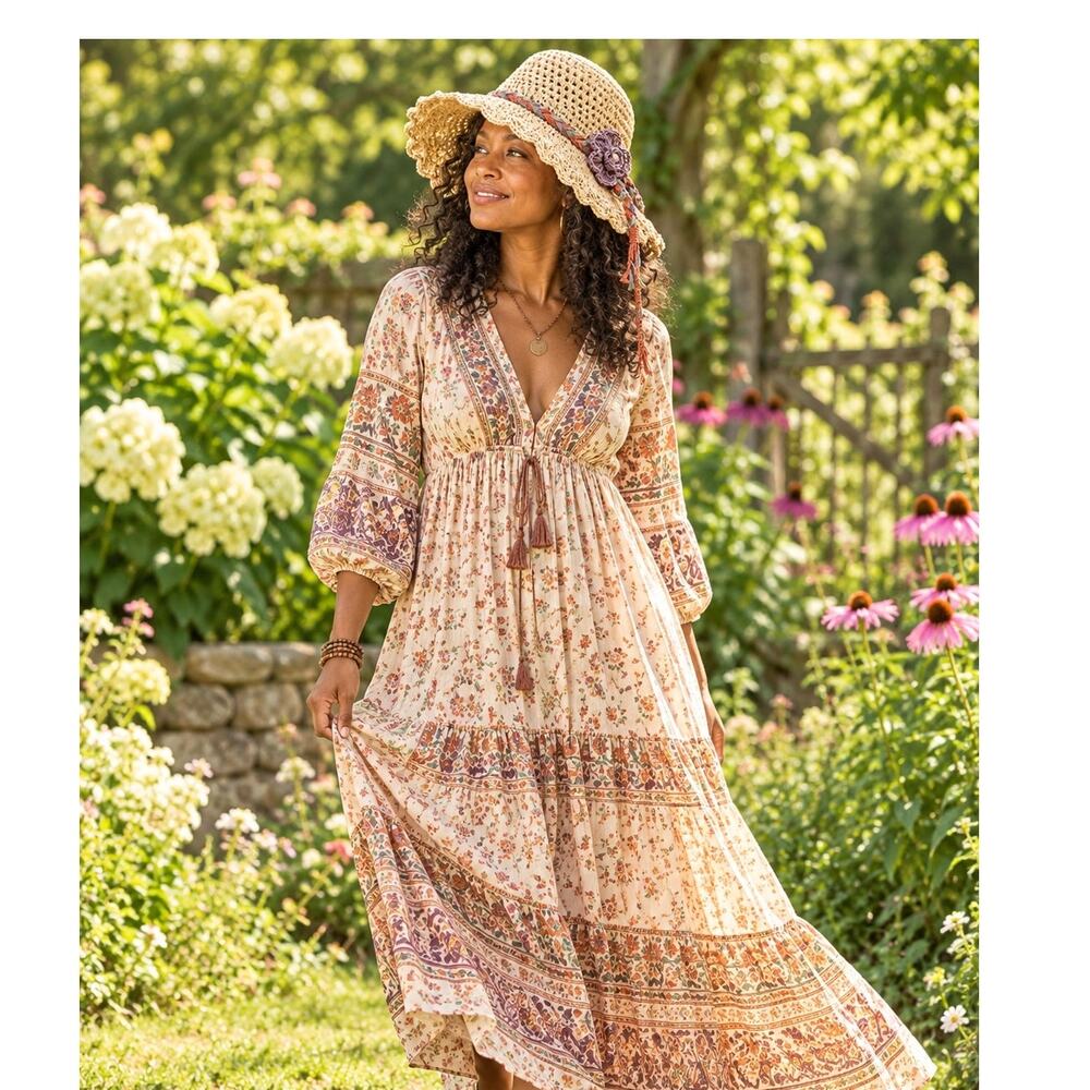 Tan Openwork Sun Hat with Scalloped Brim, Braided Band and Flower
